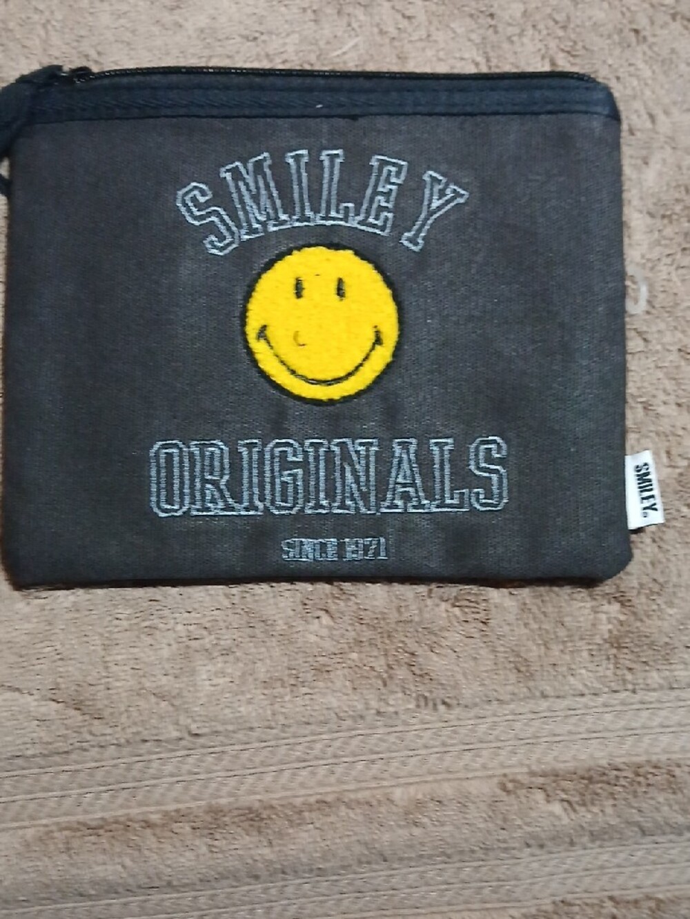 Black Canvas Zip Pouch with Yellow Smiley